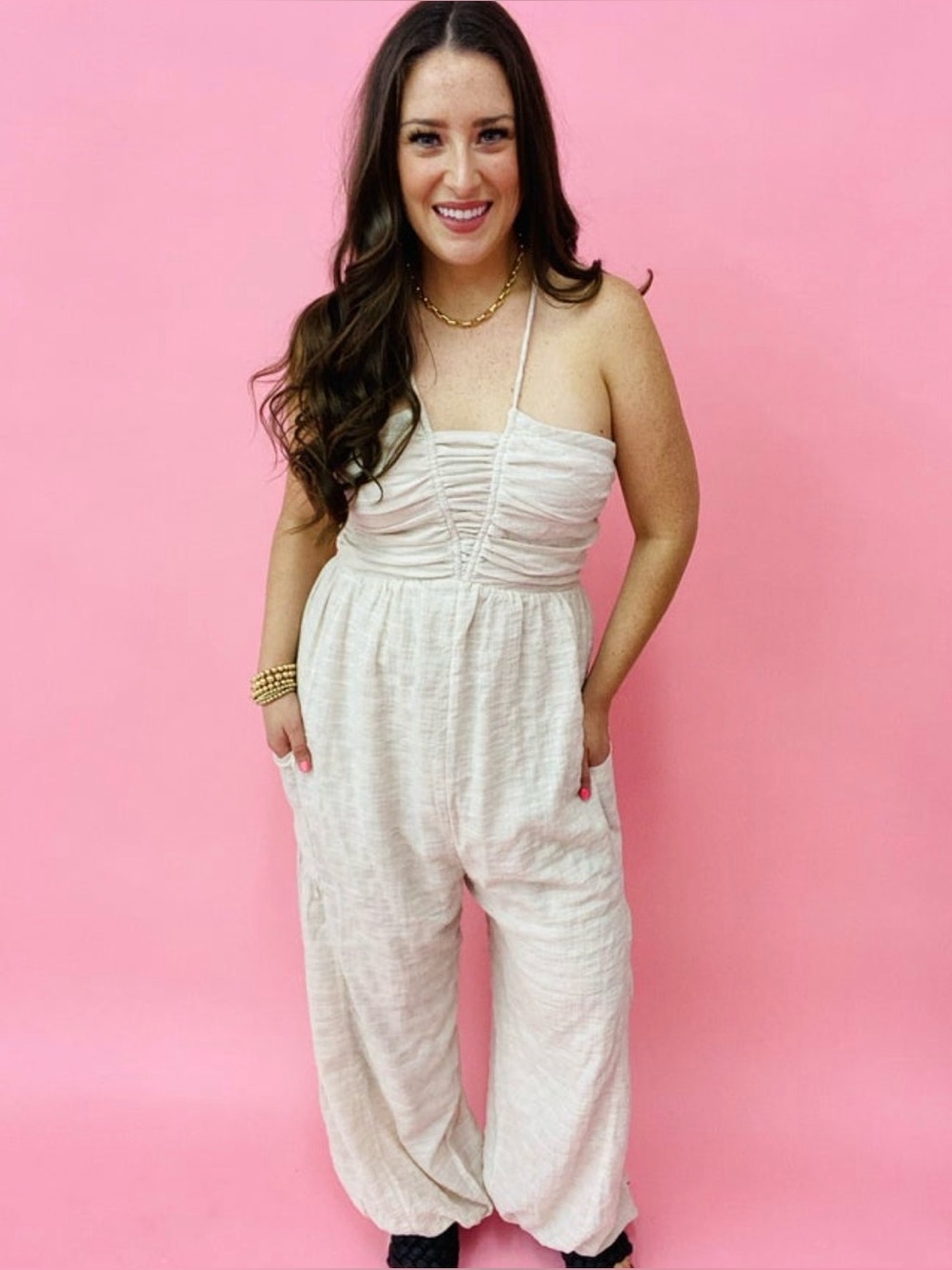 NWOT Boutique brand, “White Birch”Neutral Ruched-Strap Jumpsuit - Beige